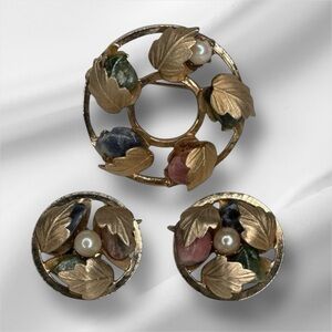 Sarah Coventry Vintage Brooch Earrings Set Good Tone Round Gemstone Pin